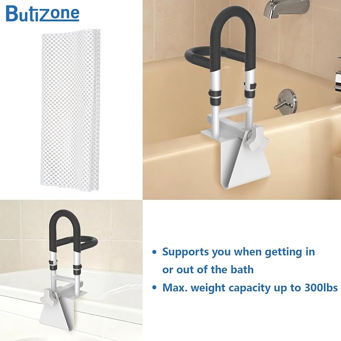 Butizone Adjustable Shower Grab Bars with 2 Handrails - Clamp-On Anti-Slip Bathtub Safety Rail for Elderly, Fits 3" to 7" Tub Walls, Supports Up to 300lbs