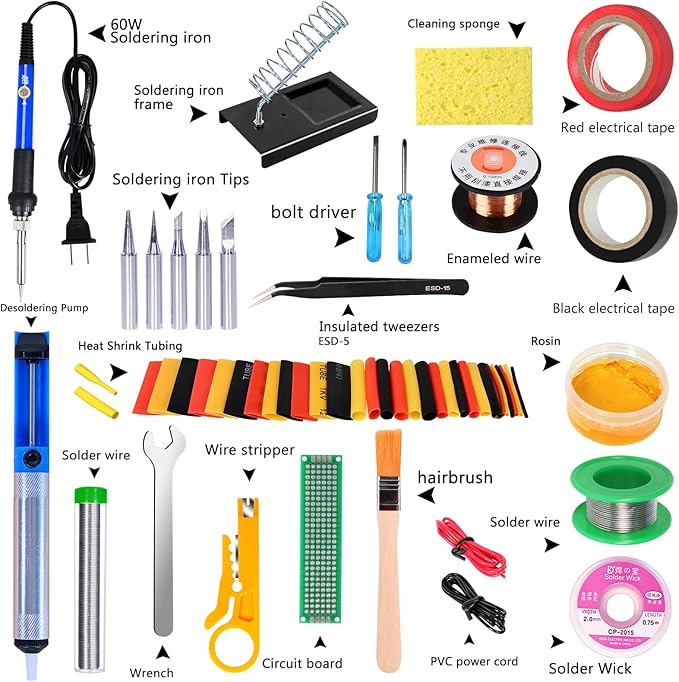 Soldering Iron Kit, 60W 110V Soldering Iron Adjustable Temperature, Desoldering Pump, 5 Solder Tips, Solder Wire, Stand, Solder Wick.