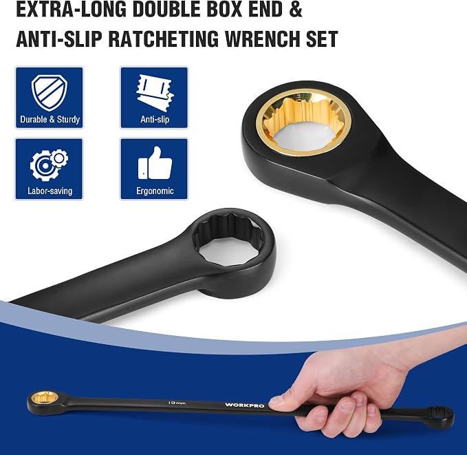 WORKPRO Extra Long Ratcheting Wrench Set, 10-Piece Anti-Slip Double Box Wrenches Set, Metric 8-19 mm, 72-Teeth, Cr-V Steel and Black Electrophoretic Coating Wrenches with Rolling Pouch