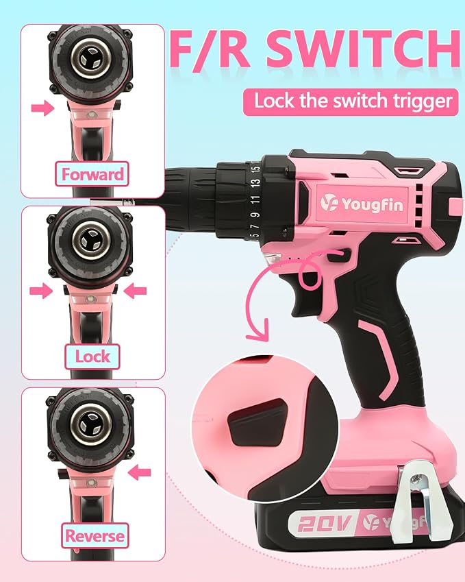 Cordless Drill Driver Set 20V Power with Battery Charger and Carrying Case, 25+1 Torque Electric Drill, Variable Speed, 266 In-lb, 3/8'' Keyless Chuck, 34pcs Driver Bit, for Women, Pink