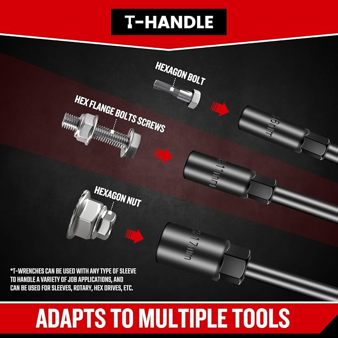 T-Handle Wrench Socket Set, 6-Point Cr-V Steel T Wrench Set Metric Size 6mm to 19mm, Lug Tool Socket with Long Reach for Motorcycle Bicycle Car Repair (11 Pack)