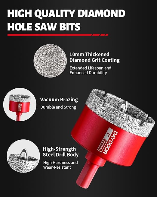 DAYDOOR 2" Diamond Hole Saw Bit with Pilot Drill Bit-1pc 50mm Diamond Tile Hole Saw with Guiding Bit for Porcelain Tile Ceramic Pottery Granite Stone Glass Bottles(3/8" Triangle Shank)