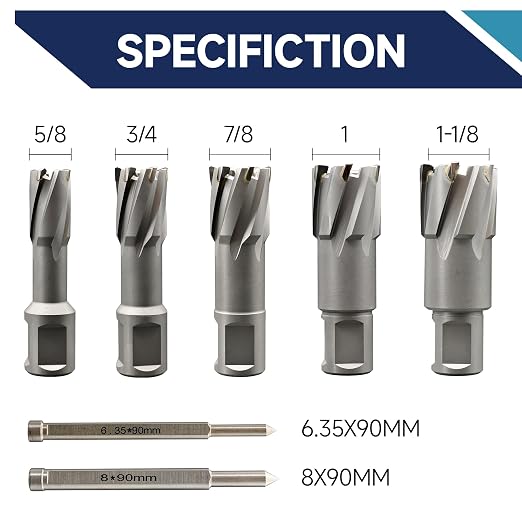 Pro Edge 5pcs TCT Annular Cutter Set, 1-3/8" Cutting Depth, 5/8" to 1-1/8" Cutting Diameter, Carbide Mag Drill Bits for Magnetic Drill Press with 2 Pilot Pin for Steel, Aluminum, Copper