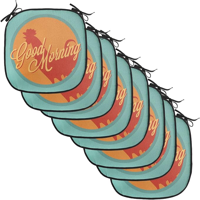 Lunarable Gallus Chair Cushion Pads Set of 8, Rooster and Sun Morning Vintage Agriculture Sunrise Farm Landscape, Anti-Slip Seat Padding for Kitchen & Patio, 16"x16", Turquoise Orange Ruby