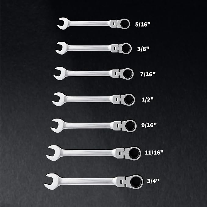 Garvee 7 Piece SAE Ratcheting Wrench Set Combination Ratcheting Wrench Set | 72-Tooth 5° Swing Arc 40Cr Steel, SAE 5/16" to 3/4" Coverage for Automotive Repair, Mechanical Maintenance & DIY Projects