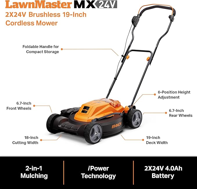 LawnMaster CLMF4819X 19-inch Brushless Cordless Lawn Mower with 2X24V MAX 4.0Ah Battery and a Dual Charger 6 Cutting Position