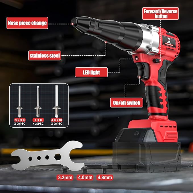Cerycose Cordless Rivet Gun Kit Compatible with Milwaukee 18V Brushless Electric Riveters Gun Tool with 3-Size Steel Rivets(1/8"-5/32"-3/16") LED Light & Nose Piece (Bare Only)