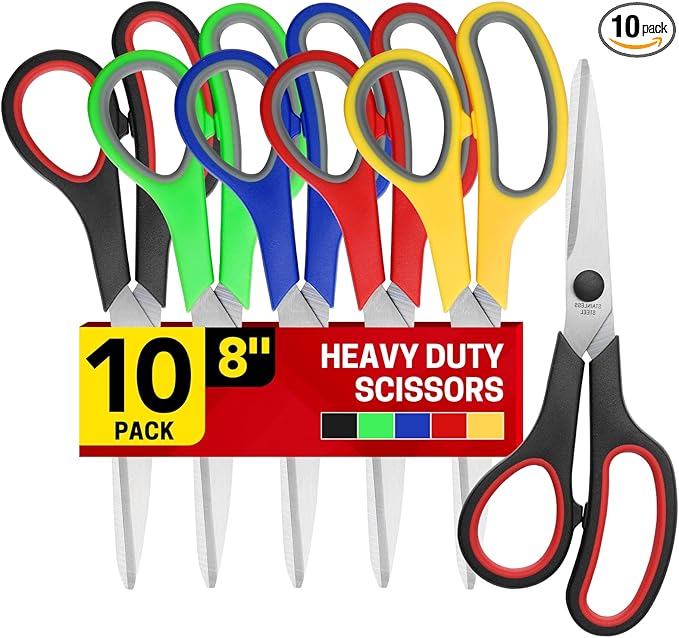 BURVAGY 8" 10 Pack All Purpose Heavy Duty Scissors- Comfort-Grip Sharp Scissors for Office School Sewing Fabric Craft High/Middle School Student Teacher Scissor, Right/Left Hand