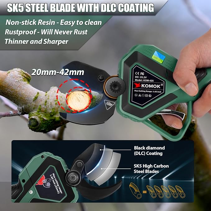 KOMOK Electric Pruning Shears, Professional Cordless Electric Pruners Battery Powered Tree Branch Cutter with 2 Rechargeable 2 Ah Lithium Batteries, 1.65" (42mm) Cutting Diameter 8-10 Working Hours