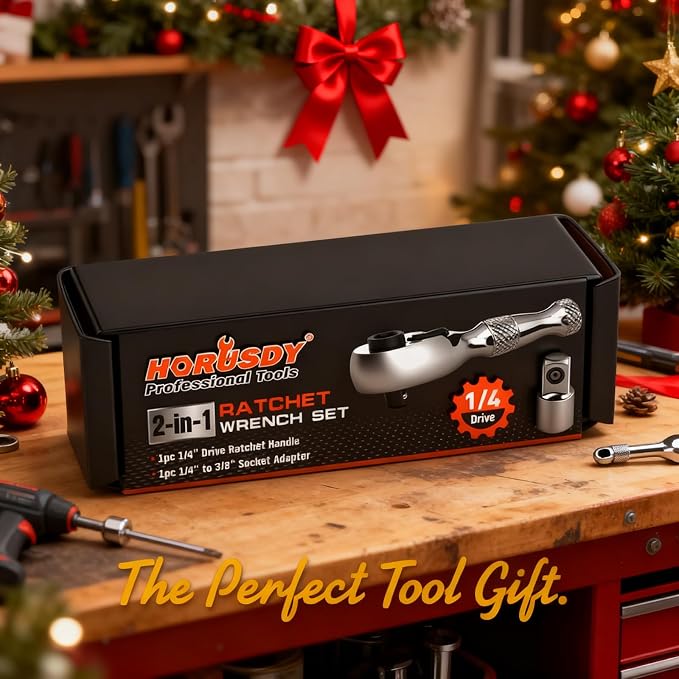 HORUSDY 1/4-Inch Stubby Ratchet Wrench Set, Chrome Alloy 90-Tooth Reversible 1/4" Drive Handle with Magnetic Bit Driver & 1/4" to 3/8" Adapter, Compact Socket Wrench for Tight Spaces, Auto, DIY