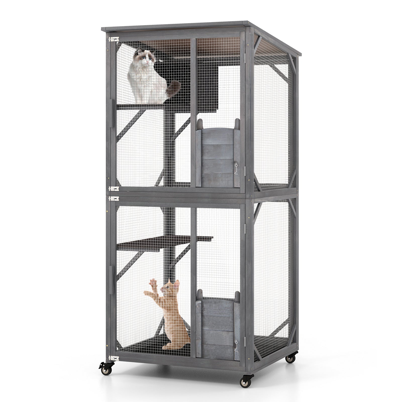 72 Inch TallWooden Cat House with Weatherproof Asphalt Roof-Gray
