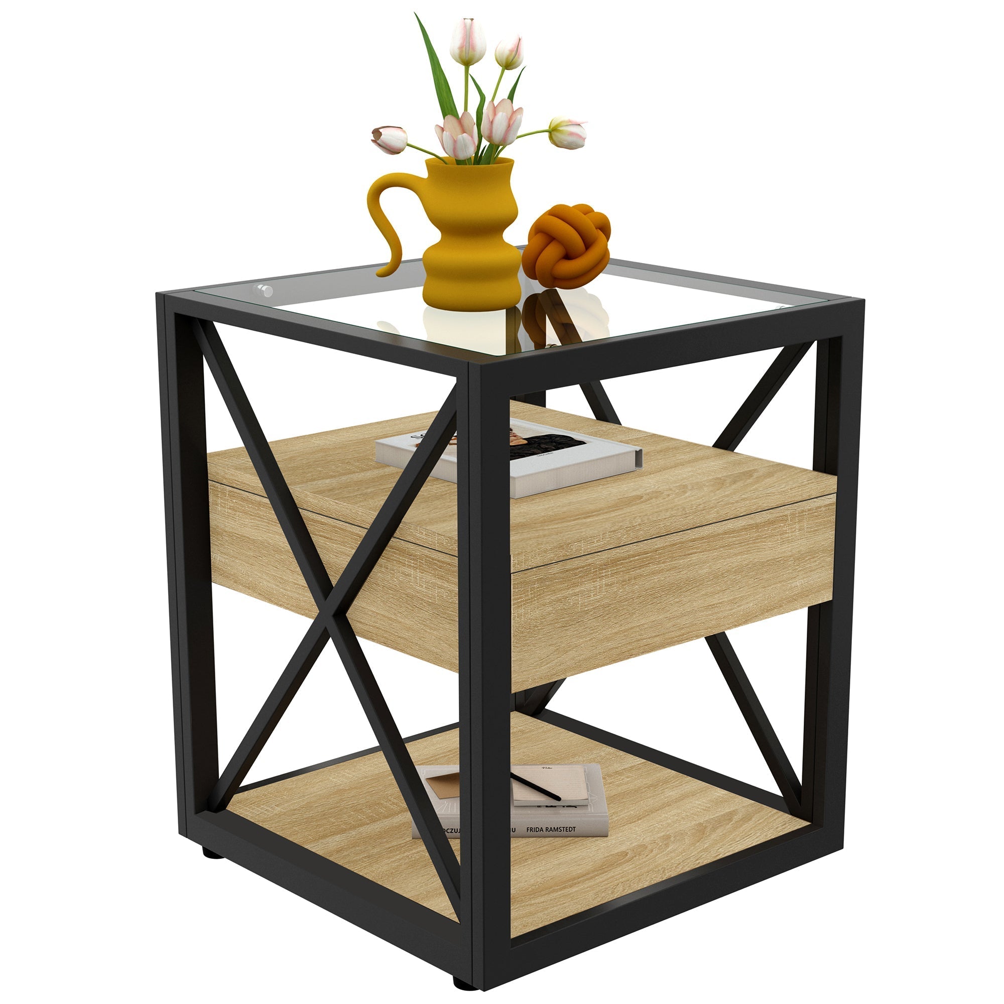 Set of 2 Modern End Tables with Drawer - Nightstands for Bedroom & Living Room