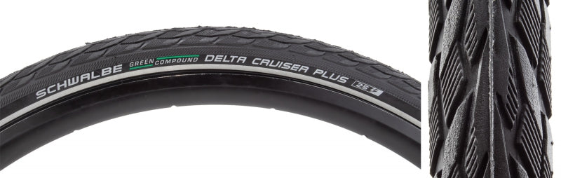 Schwalbe Delta Cruiser Plus Hybrid Tire 26''x1.75 Wire Clincher Green Compound PunctureGuard Reflex 50TPI Black