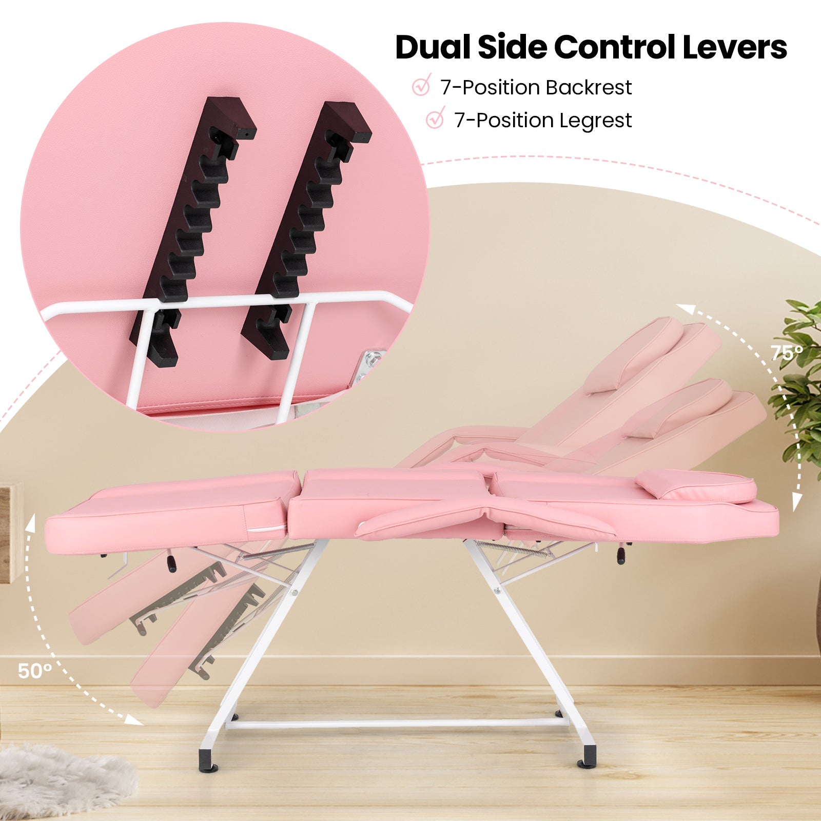 73 Inch Facial Chair Set with Removable Headrest Detachable Armrests and Towel Rack-Pink