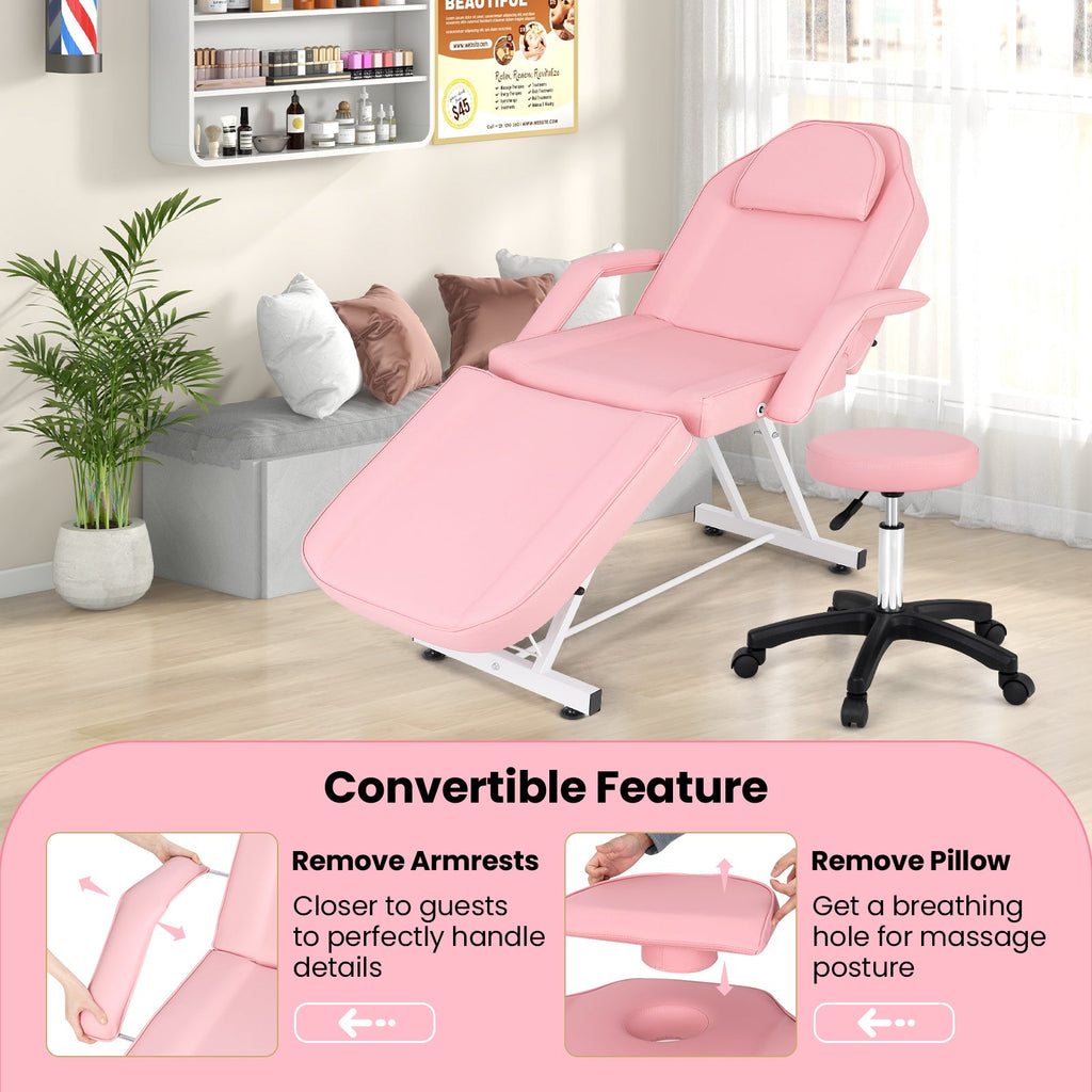 73 Inch Facial Chair Set with Removable Headrest Detachable Armrests and Towel Rack-Pink