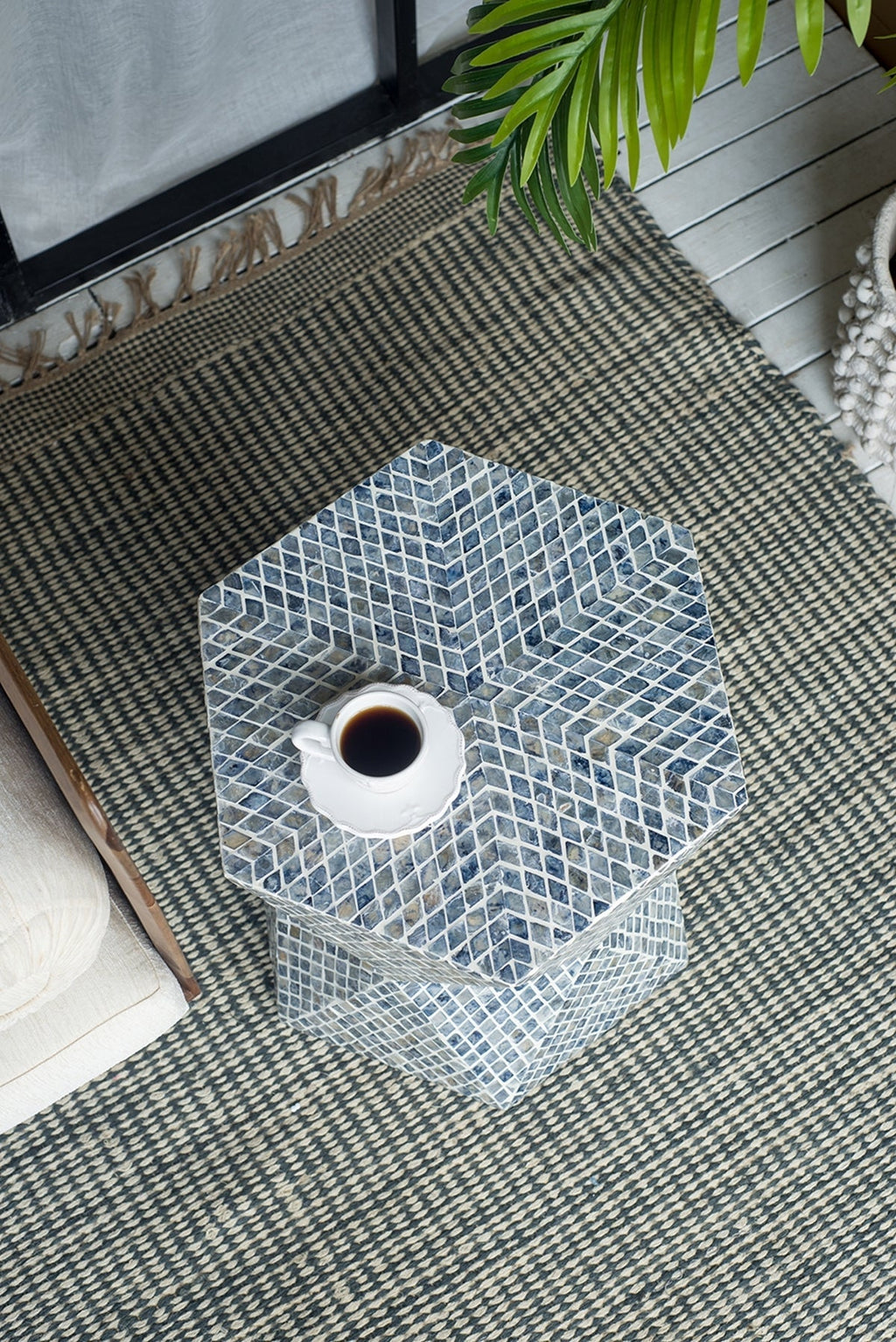 19x19x20" Tapered Blue Garden Capiz Stool, Accent Side Table