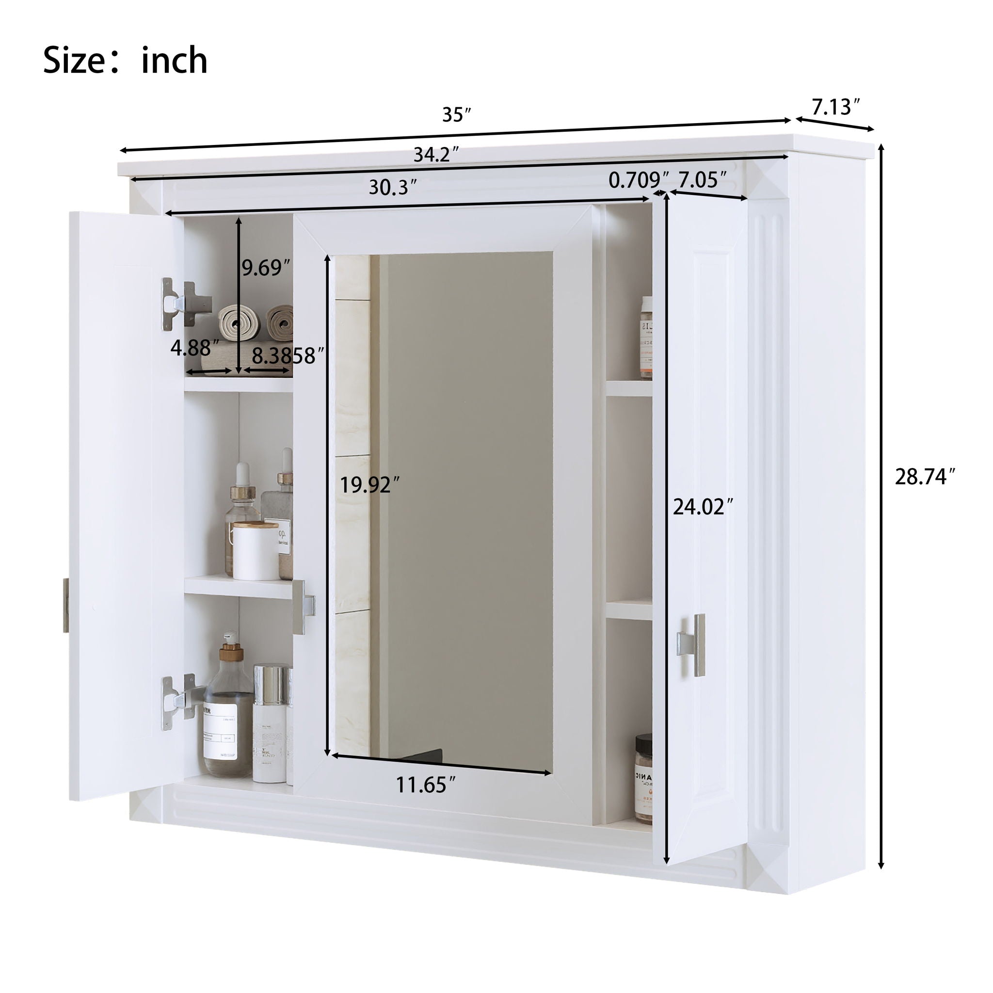 Wall Mounted Bathroom Cabinet With Mirror And 5 Shelves