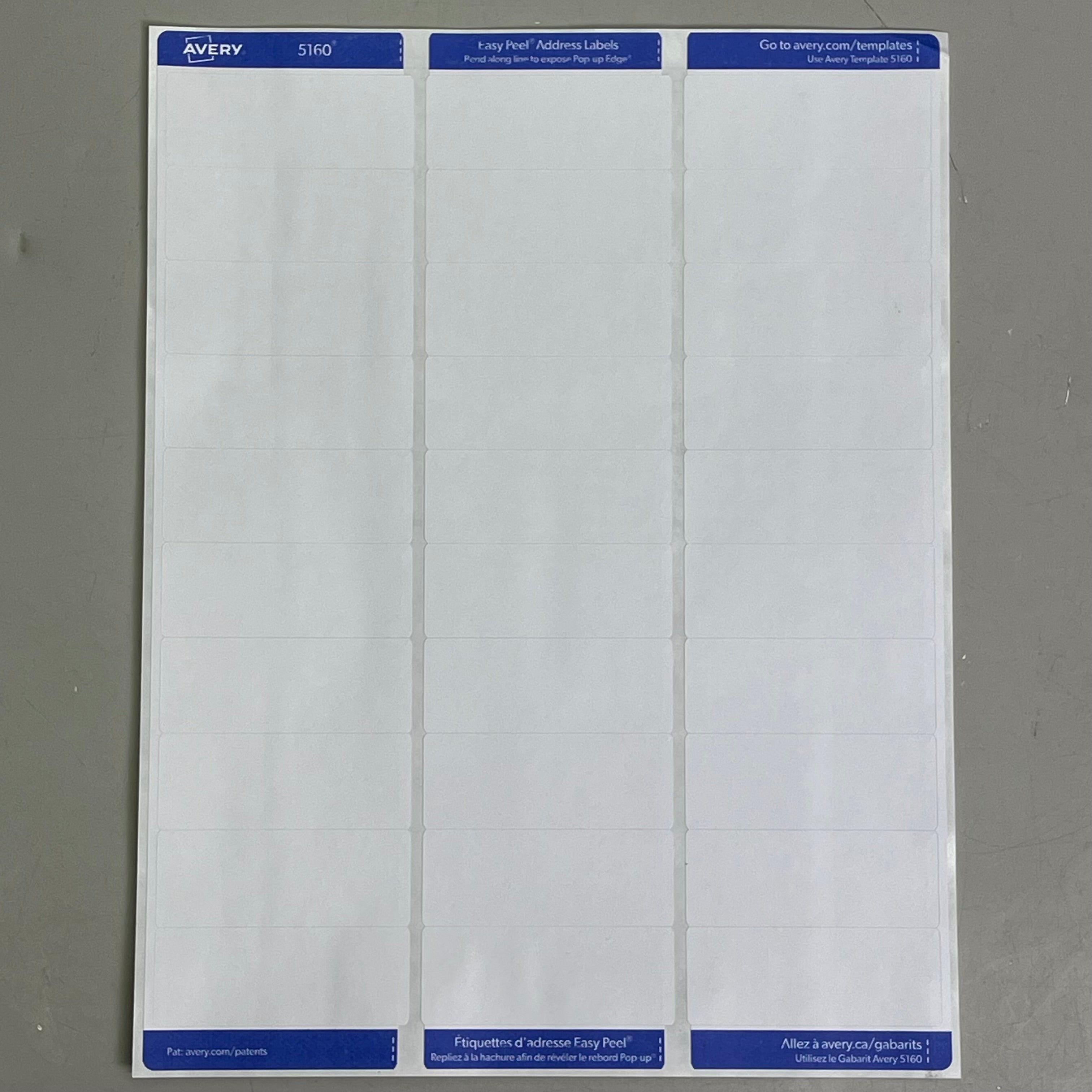 AVERY Easy Peel Sure Feed Address Labels 30 Sheet 1"x 2-5/8" Adhesive White 5160