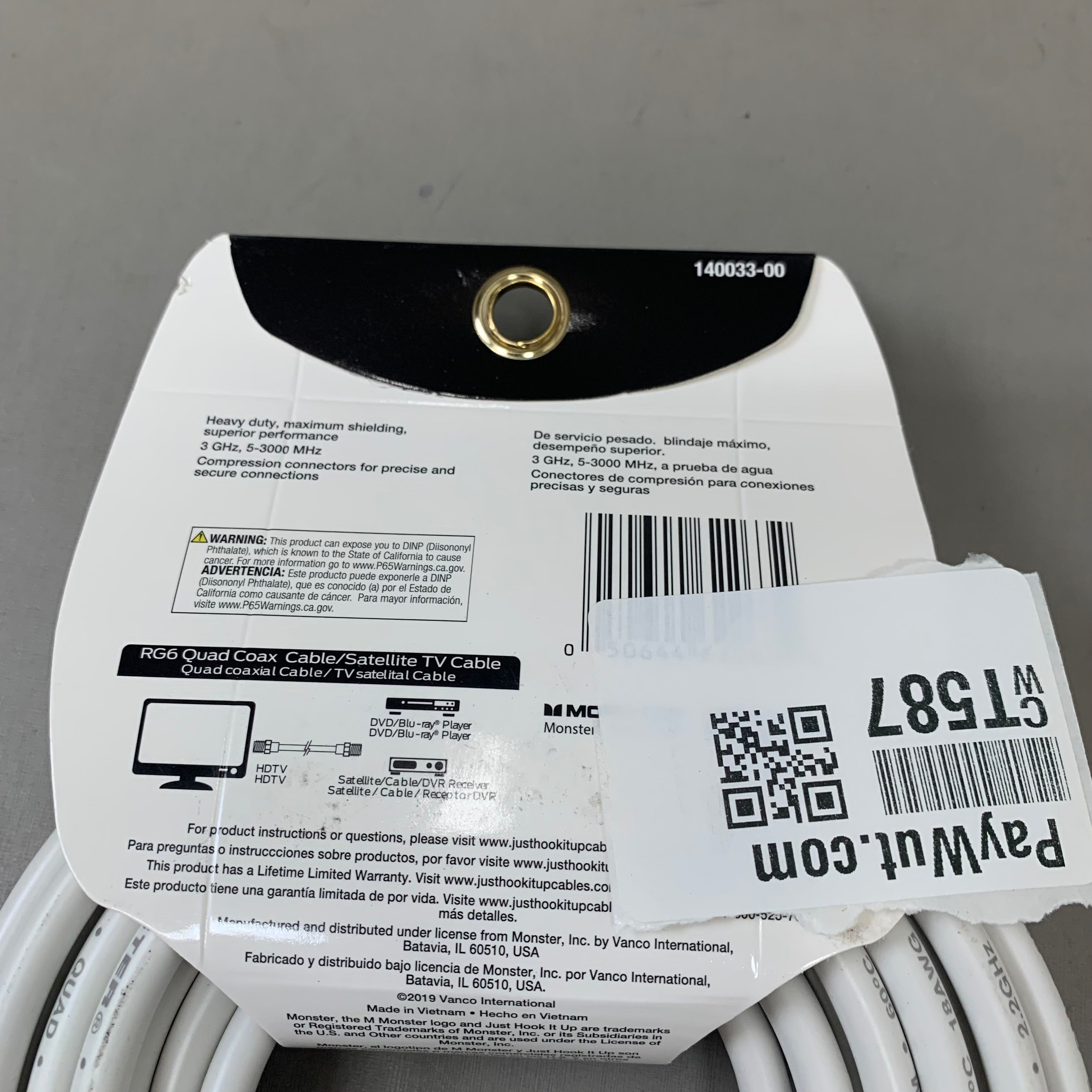 MONSTER RG6 Quad Coax Satellite Tv Cable 25ft White 140033-00
