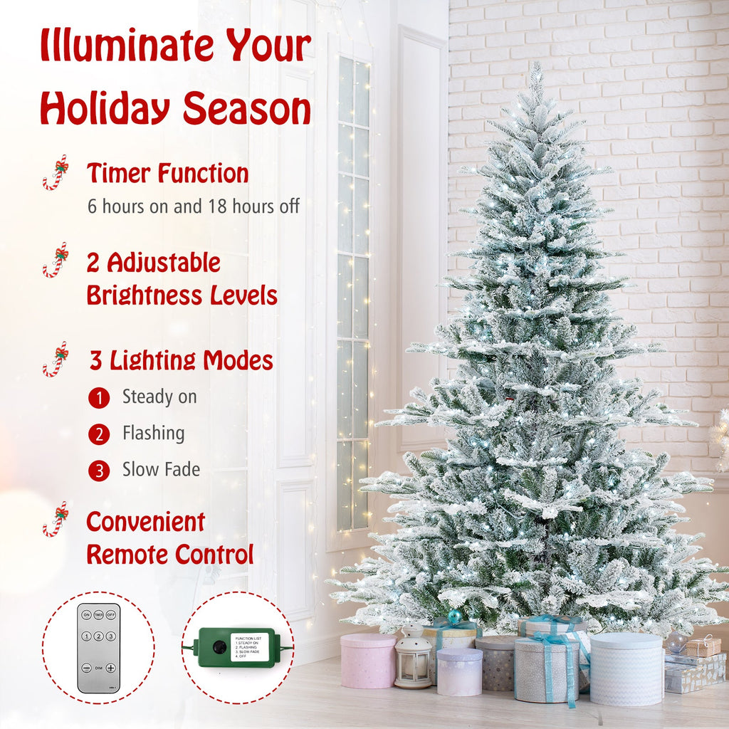 7 Feet Snow Flocked Artificial Christmas Tree with Cool White LED Lights