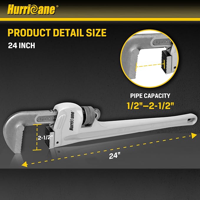 HURRICANE Aluminum Pipe Wrench, 24 Inch | Heavy Duty, Adjustable Plumbing Wrench, Straight Handle, 40% Lighter Weight