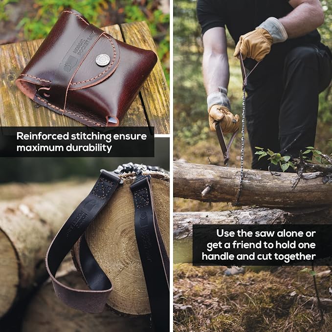 Nordic Pocket Saw for Camping - 25.6 Inch Pocket Chainsaw with 33 Bi-Directional Teeth - Made in Sweden with Organic Leather Handles and Case- Survival Saw and Emergency Saw for Clearing Trails