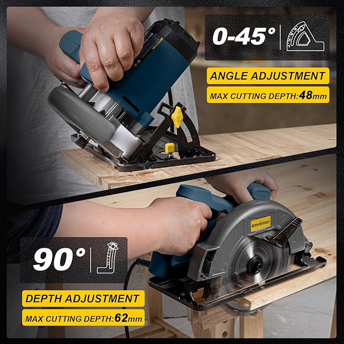 Enventor Circular Saw Corded, 11A Electric Circular Saws 7-1/4-Inch with 24T Blade Saw, Max Cutting Depth 2-7/16"(90°), 1-8/9"(0°-45°), Single Handed Bevel, 6,000RPM