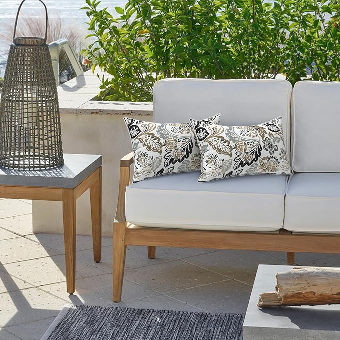 LVTXIII Set of 2 Outdoor Lumbar Pillows for Patio Furniture with White Piping, 12"x20" Fade Resistant Patio Lumbar Pillows with Inserts for Home Coach Sofa Use, Dailey Tan