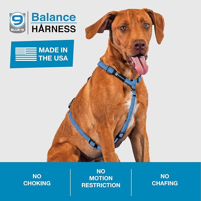 Blue-9 Reflective Buckle-Neck Balance Harness, Fully Customizable Fit No-Pull Harness with 3M Reflective Stitching, Ideal for Dog Training and Obedience, Made in The USA, Blue, Large