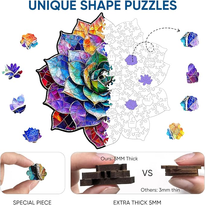 Delobil Stained Glass Succulent Wooden Puzzles for Adults, 500 Pieces Mandala Jigsaw Puzzles, Unique Shaped Royal Size Wood Puzzle Gift for Kids, Family Game 16.4'' x 16.7''