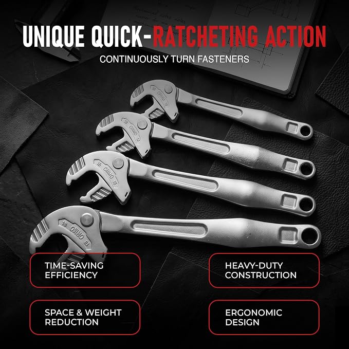 4-Piece Adjustable Wrench Set,Self-setting spanner set with Self Tightening Function and Automatic Continuous Gripping for 1/4"-3/4" (7-19mm) Pipe Fittings Nuts and Bolts