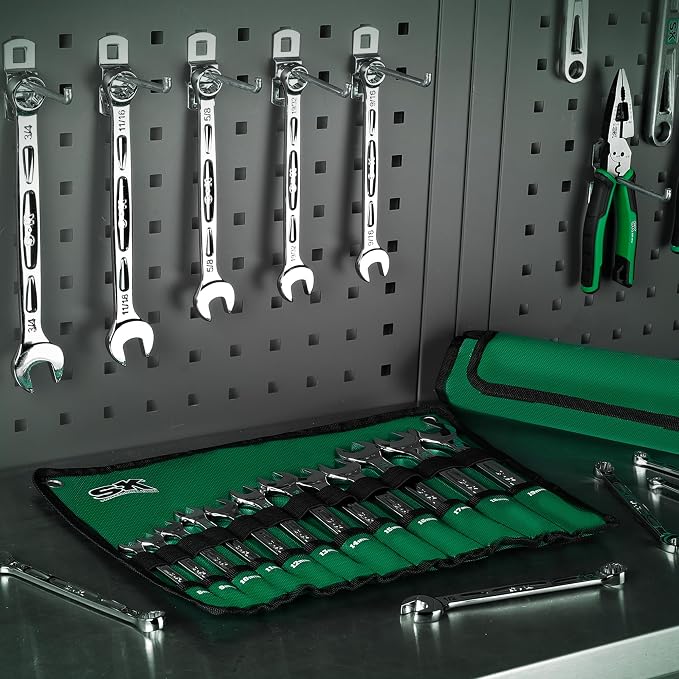 SK Combination Wrench Set, SAE 5/16''-3/4'', Metric 8-19mm, 23-Piece | 12-Point, SureGrip Drive Design, 15-Degree Offset End, Drop Forged CR-V Steel, SuperKrome Finish, with Rolling Pouch