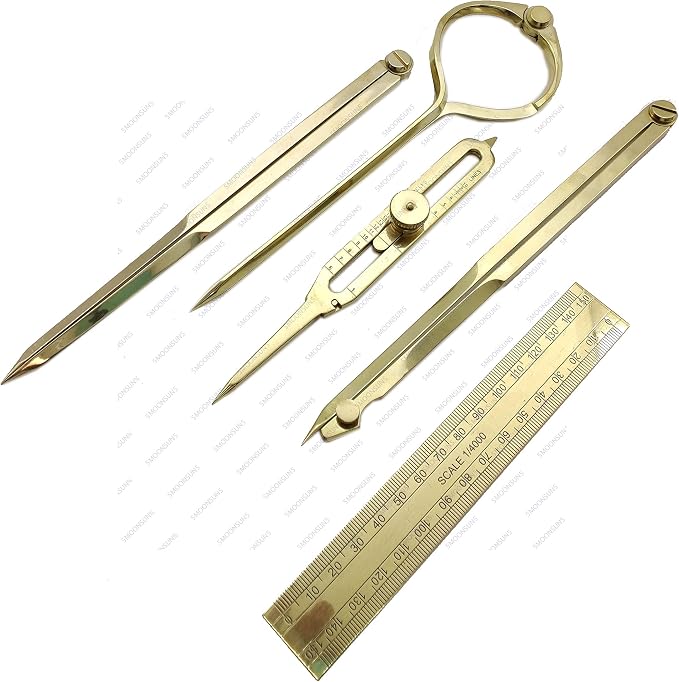 Proportional Divider Set of 5, Full Brass dividers with Executive Wooden Box, Single Handed 8" Brass Navigational Dividers Compass Set for Maritime, Naval, Geometry and Drafting