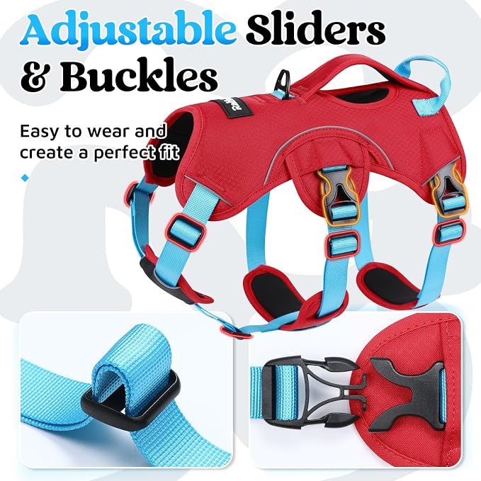 rabbitgoo Escape Proof Dog Harness for X-Large, No Pull with Lift Handle | No Escape, Full Soft Padded, Reflective Adjustable Vest, Leash Clip for Walking Hiking Training, Sky Blue & Red, X-Large