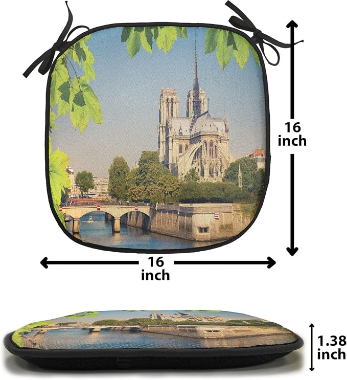 Lunarable Paris Chair Cushion Pads Set of 8, Notre Dame de Paris Historical Architecture Heritage Medieval European Building, Anti-Slip Seat Padding for Kitchen & Patio, 16"x16", Green Blue Ivory