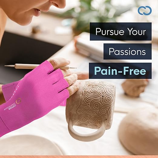 Copper Compression Fingerless Arthritis Gloves Men & Women Pink XL