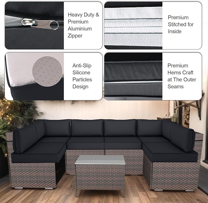 14 Piece Outdoor Furniture Replacement Cushions, Cover+Filling, 25.6" x 25.6" x 4" Foam Waterproof Outdoor Sofa Cushion Sets, Fit Wicker Rattan Sectional Conversation Set, Black