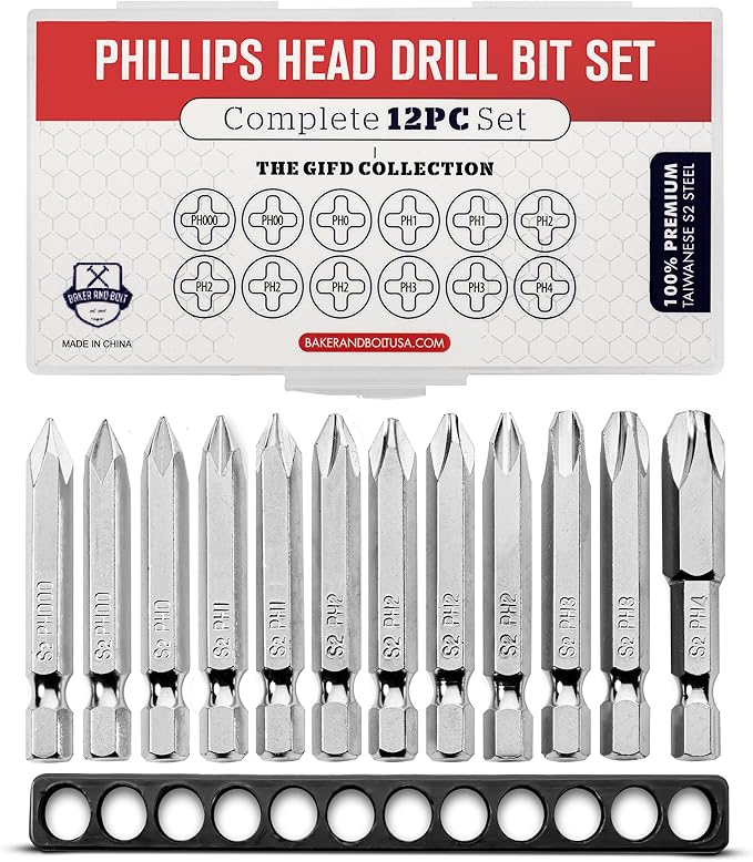 Phillips Screwdriver Drill Bit Set (Premium 12pc Complete Set) w/Storage Case and Bit Holder - 1/4in Hex Shank Magnetic - Impact Ready - S2 Steel - Long 2in Heads for Drills. Baker and Bolt