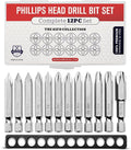 Phillips Screwdriver Drill Bit Set (Premium 12pc Complete Set) w/Storage Case and Bit Holder - 1/4in Hex Shank Magnetic - Impact Ready - S2 Steel - Long 2in Heads for Drills. Baker and Bolt