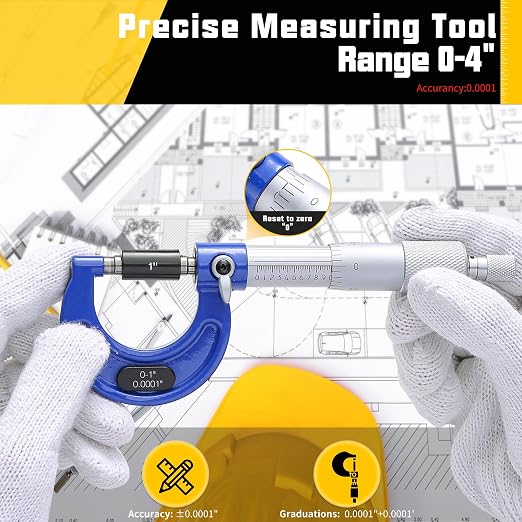 Outside Micrometer Set 0-4" Range, 4-Piece Precision Micrometer Measuring Tools with Carbide Tips, 0.0001" Graduation, Includes Standards & Case