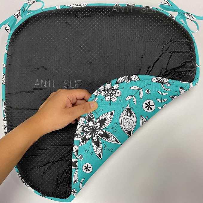 Lunarable Flower Chair Seating Cushion Set of 6, Abstract Monochrome Floral with Botanical Items, Anti-Slip Seat Padding for Kitchen & Patio, 16"x16", Seafoam Grey