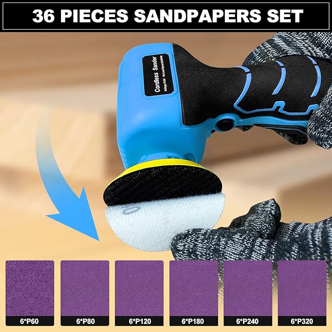16.8V Cordless Electric Sander with 36PCS Sandpapers, 3500 RPM, 2Pcs 3.0Ah Batteries, Lightweight & Compact Design for Wood, Metal, Paint Removal, and DIY Projects