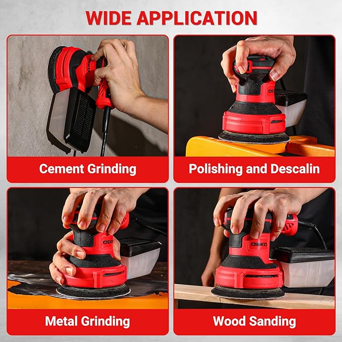 DEKOPRO Electric Sander with 16 Sandpapers, 14000RPM, 5-Inch, High Performance Dust Collection - For Woodworking