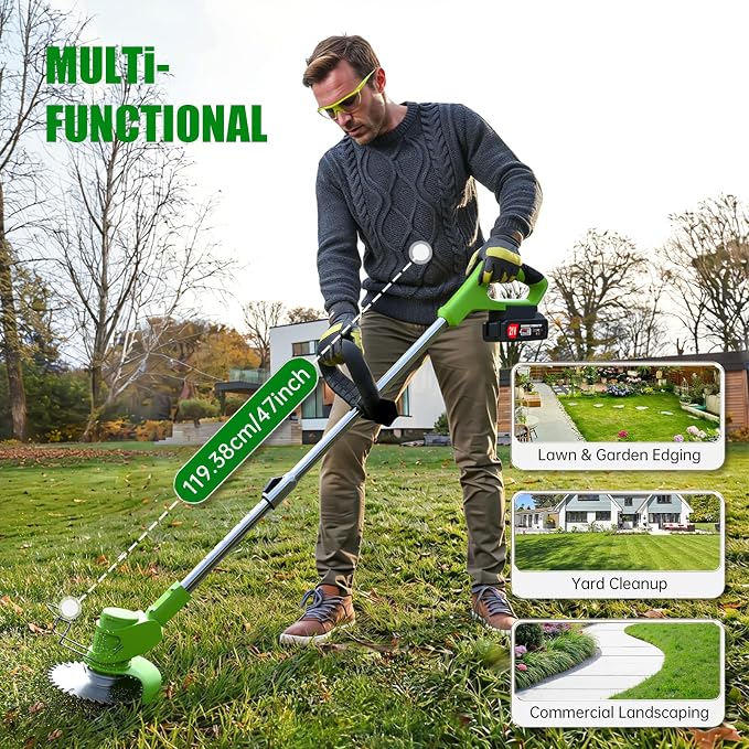 Electric Weed Wacker Eater Cordless Weed Trimmer with Wheels and 2 Pcs 21V/2000mAh Batteries, 3 in 1 Grass Trimmer/Brush Cutter/Lawn Edger with 27 Pcs Replacement Blades for Lawn Garden and Yard