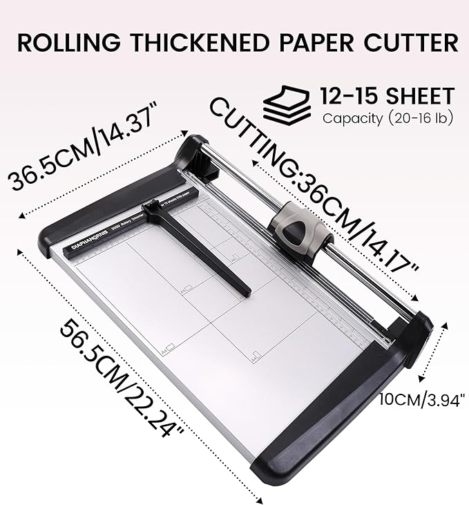 Rotary Paper Cutter, Heavy Duty Paper Trimmer 360mm(14.17") Cutting Length with Safety Blade Handle and Guides,15 Sheets Capacity,Ideal for Offices,Homes,Printing Shops,Photo Studios