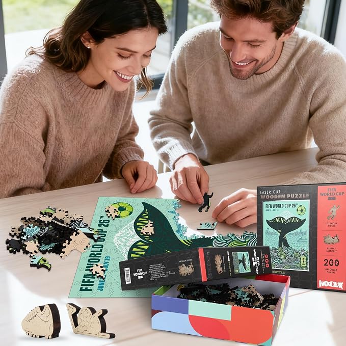 FIFA World Cup 2026 Seattle City Poster Wooden Puzzle for Adults, 200 Piece Unique Shape Jigsaw Puzzle, 5MM Thick, Officially Licensed Soccer Fan Collectible Gift, 9.3x11.8''
