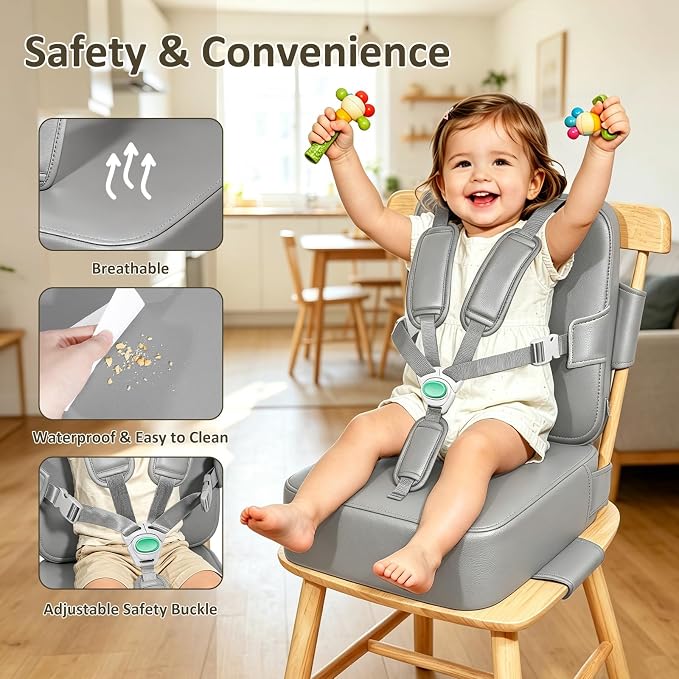 Toddler Booster Seat for Dining Table,Kitchen Chair Booster Cushion | Non-Slip Booster Seat with Backrest and 5 Piont Harness, PU Waterproof Travel Baby Booster Increasing Cushion