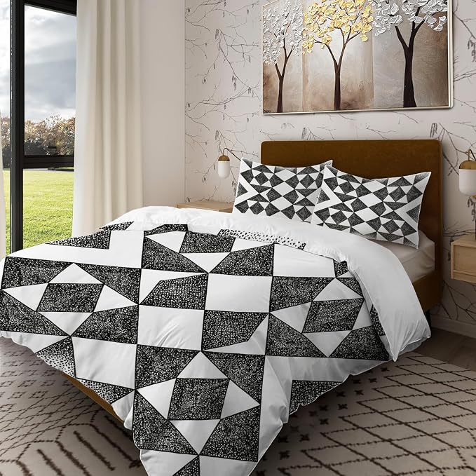 Batmerry Houndstooth Black White Queen Size 3 Pieces Bedding Duvet Cover Sets,Soft Fluffy Plaid Abstract Fashion Geometric Pattern Printed Duvet Cover for All Season