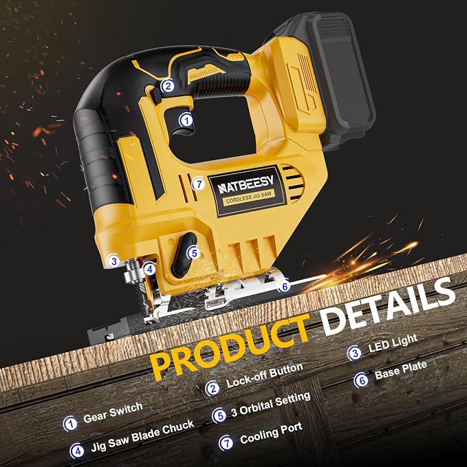 Jig Saw Compatible With Dewalt 20V Battery, NATBEESY Brushless Cordless jig saw tool, LED Work Light, 45° Beveled Cuts, Variable Speed 2900RPM, 3 Orbital Action, 6 Blades for Wood Cutting, Tool Only