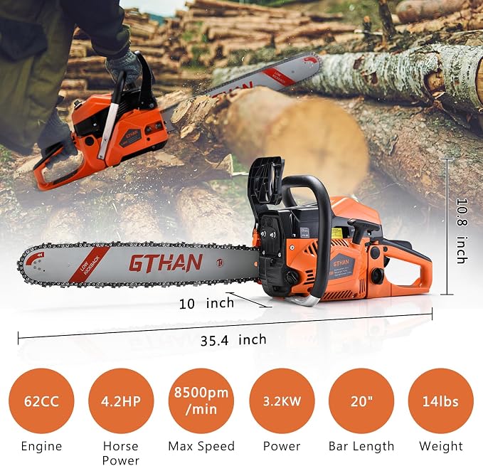 62cc Gas Powered Chainsaw 2-Cycle Gasoline Chain Saw with 20-Inch Guide Bar Cordless Gas Chainsaw for Tree Cutting Firewood Garden and Farm Use